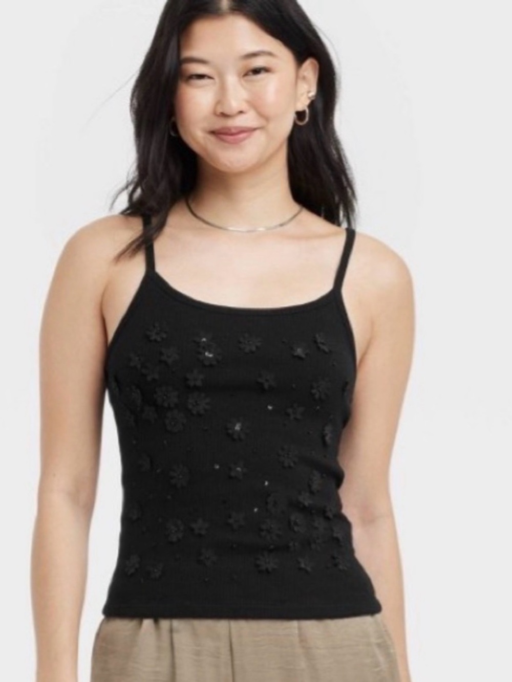 a new day Black Ribbed Tank with 3D Floral Appliqué XL NWT